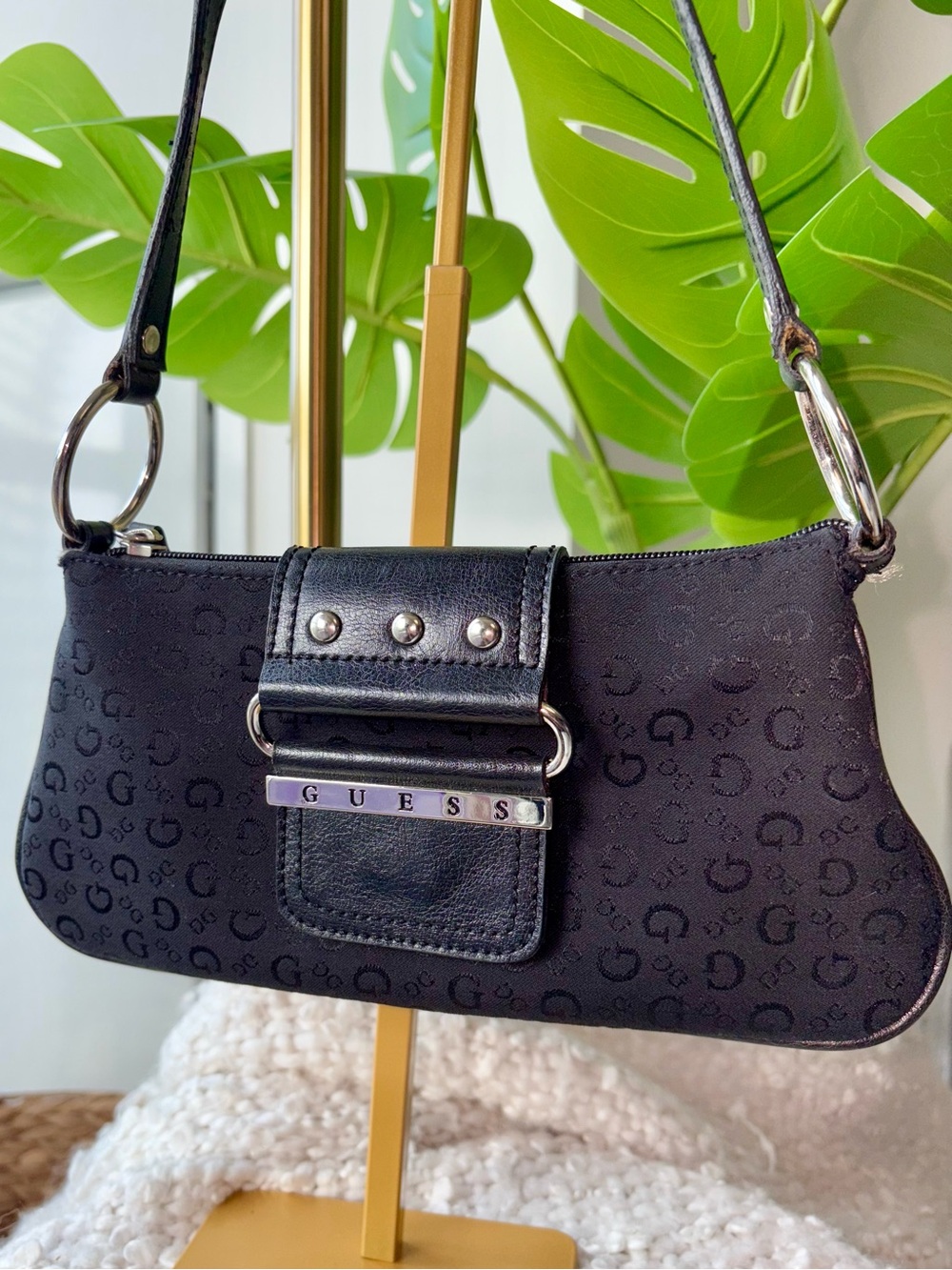 Vintage Y2K GUESS Black Monogram Baguette Shoulder Bag Silver Hardware